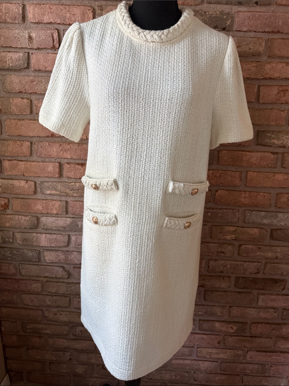 Textured Cream Short-Sleeve Midi Dress with Braided Trim